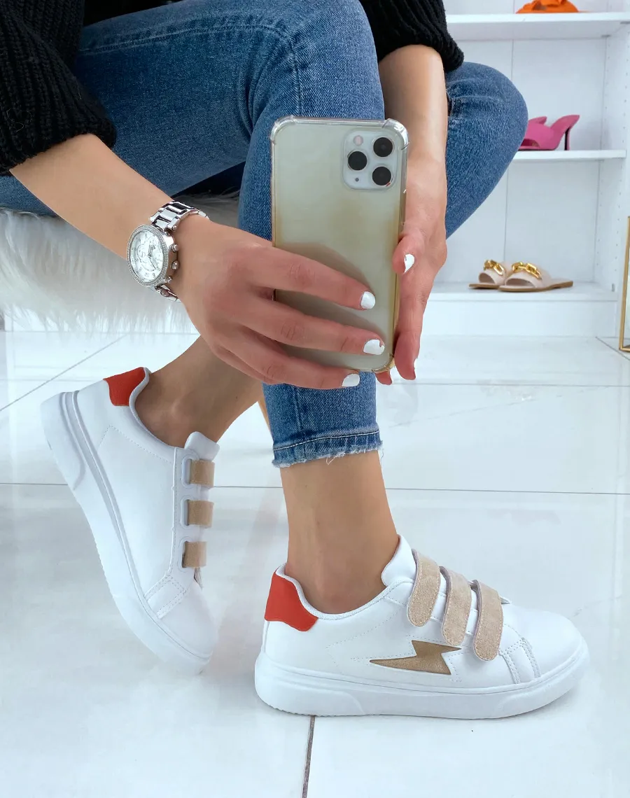 Beige faux suede sneakers with white Velcro straps