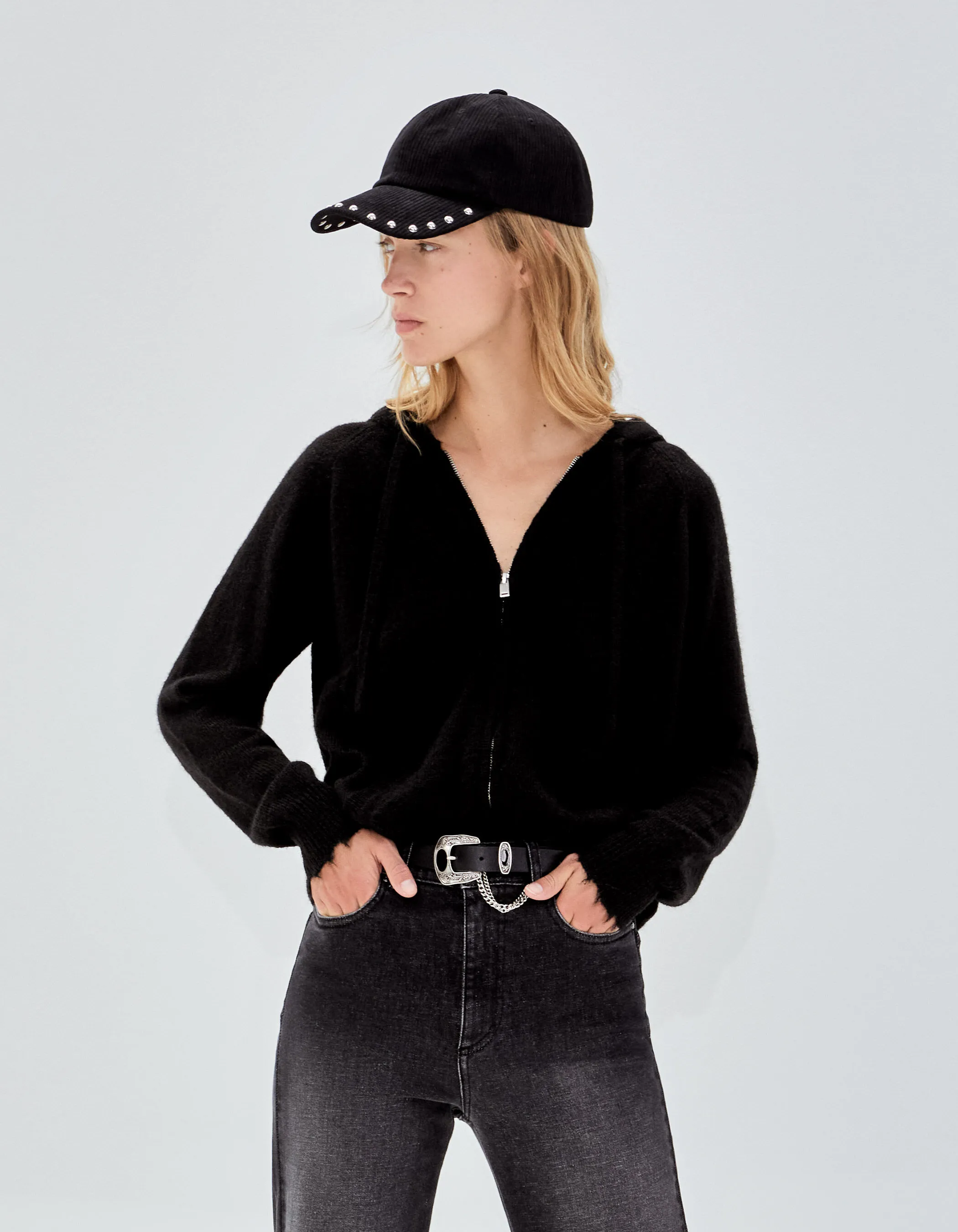 Black zip-up cardigan for women in Pure Edition knit