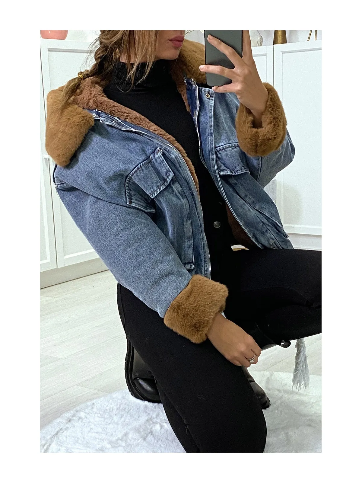 Blue denim jacket with faux camel fur and hood