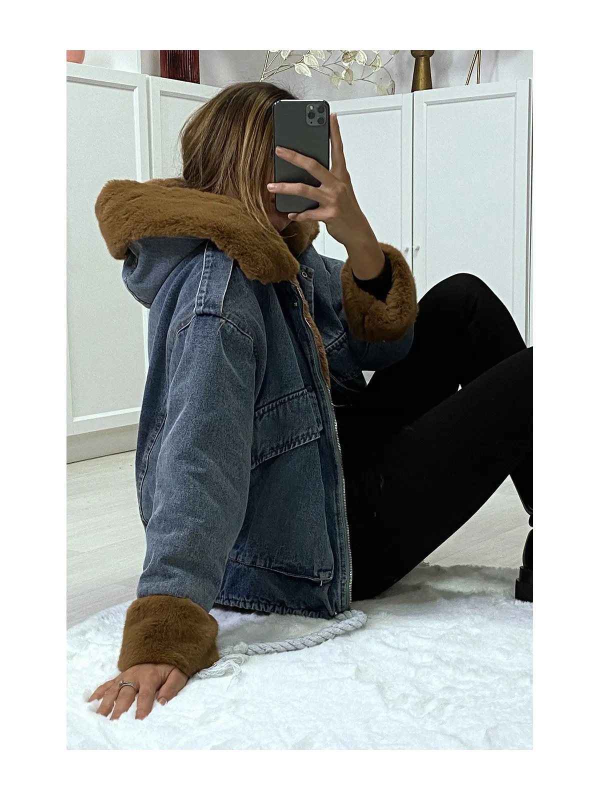Blue denim jacket with faux camel fur and hood