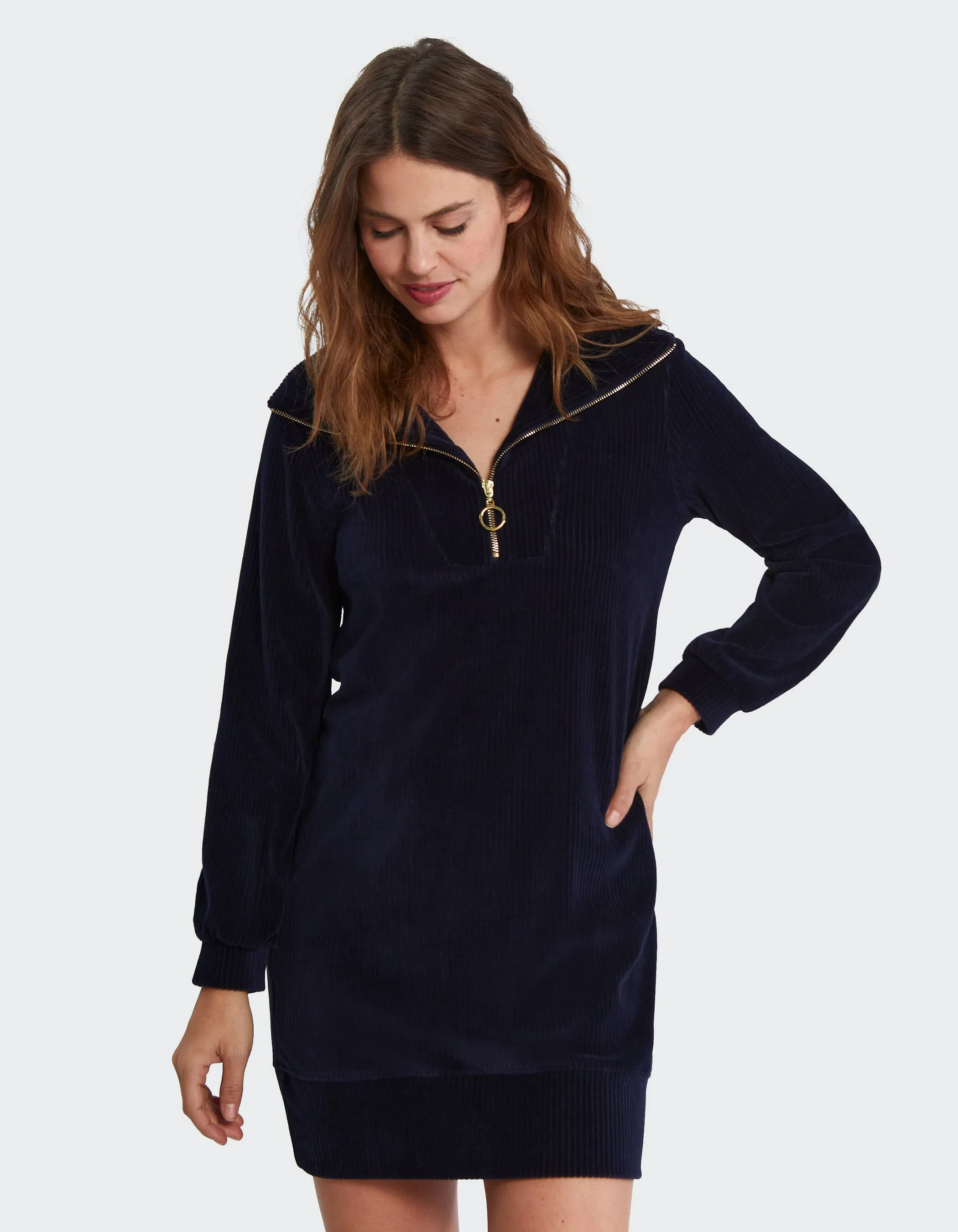 Blue Ribbed Velvet Trucker Collar Dress I.Code