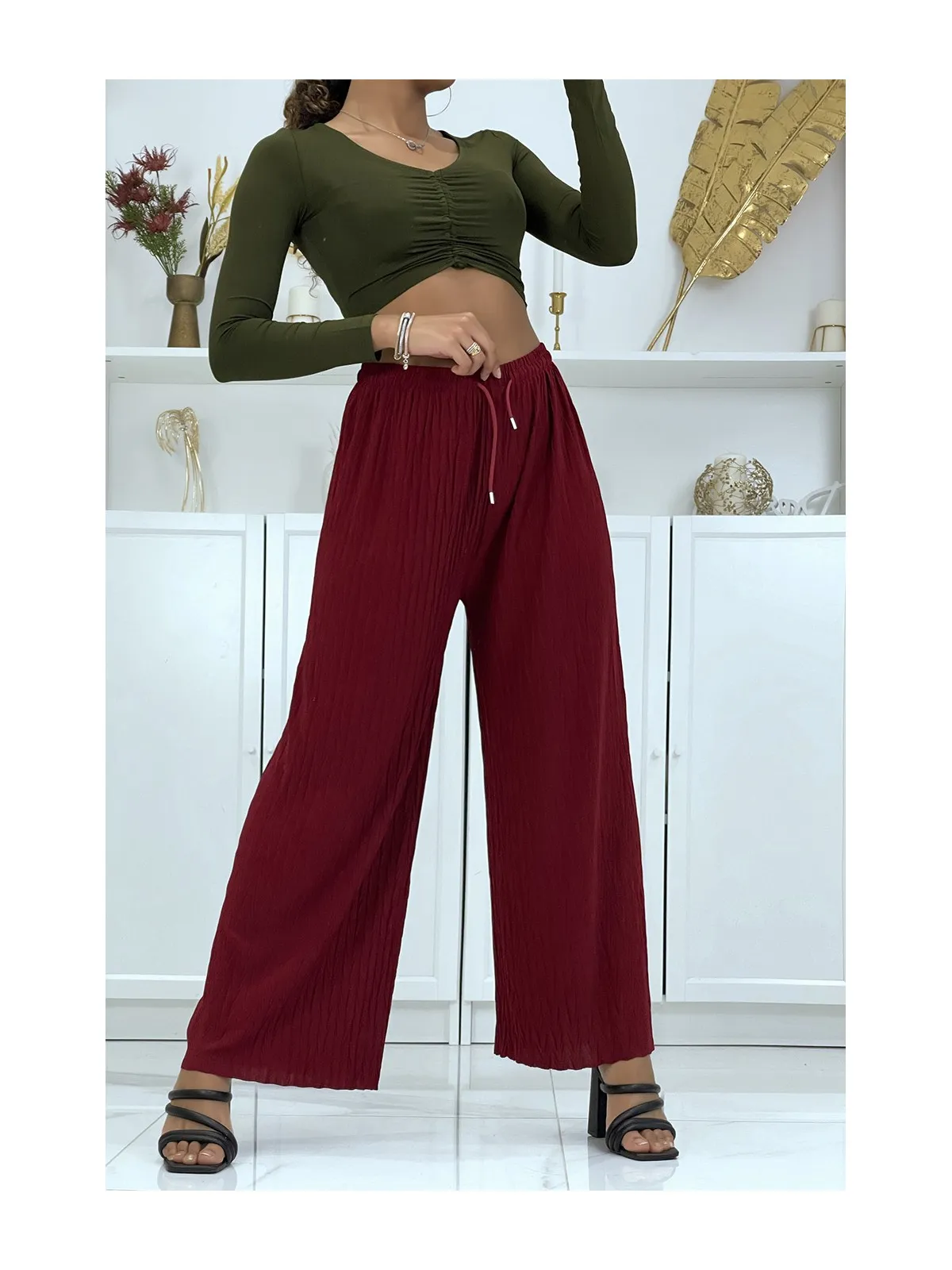 Bordeaux pleated palazzo trousers