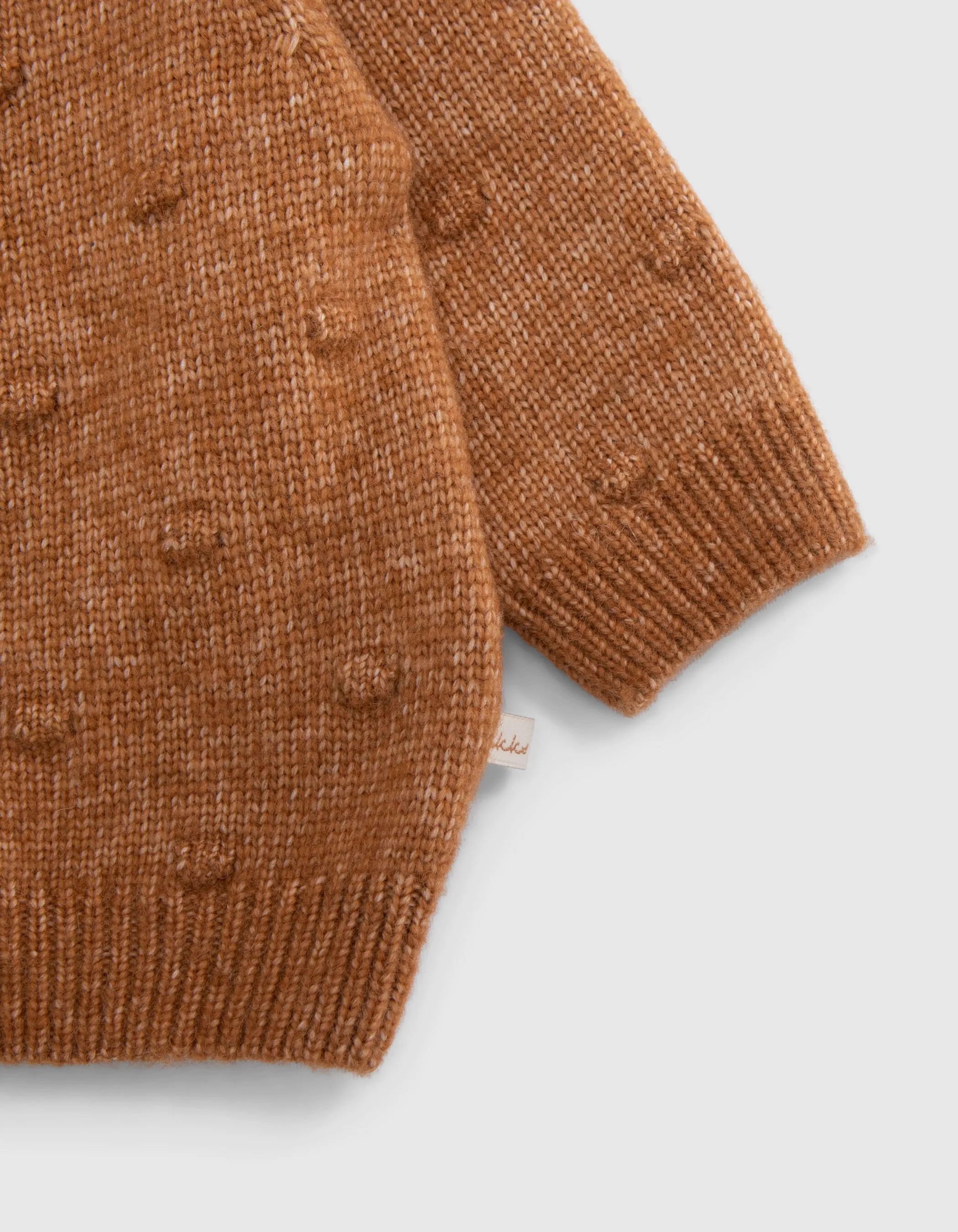 Camel knit zip-up cardigan for baby girl with fancy design