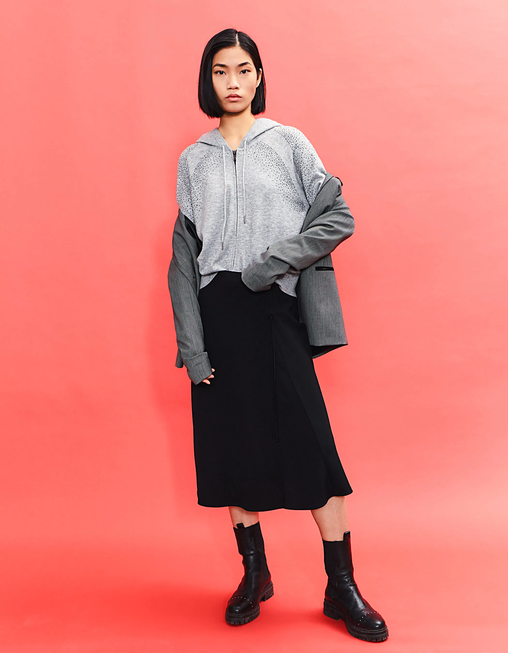 Gray hooded cardigan with jewel details women.
