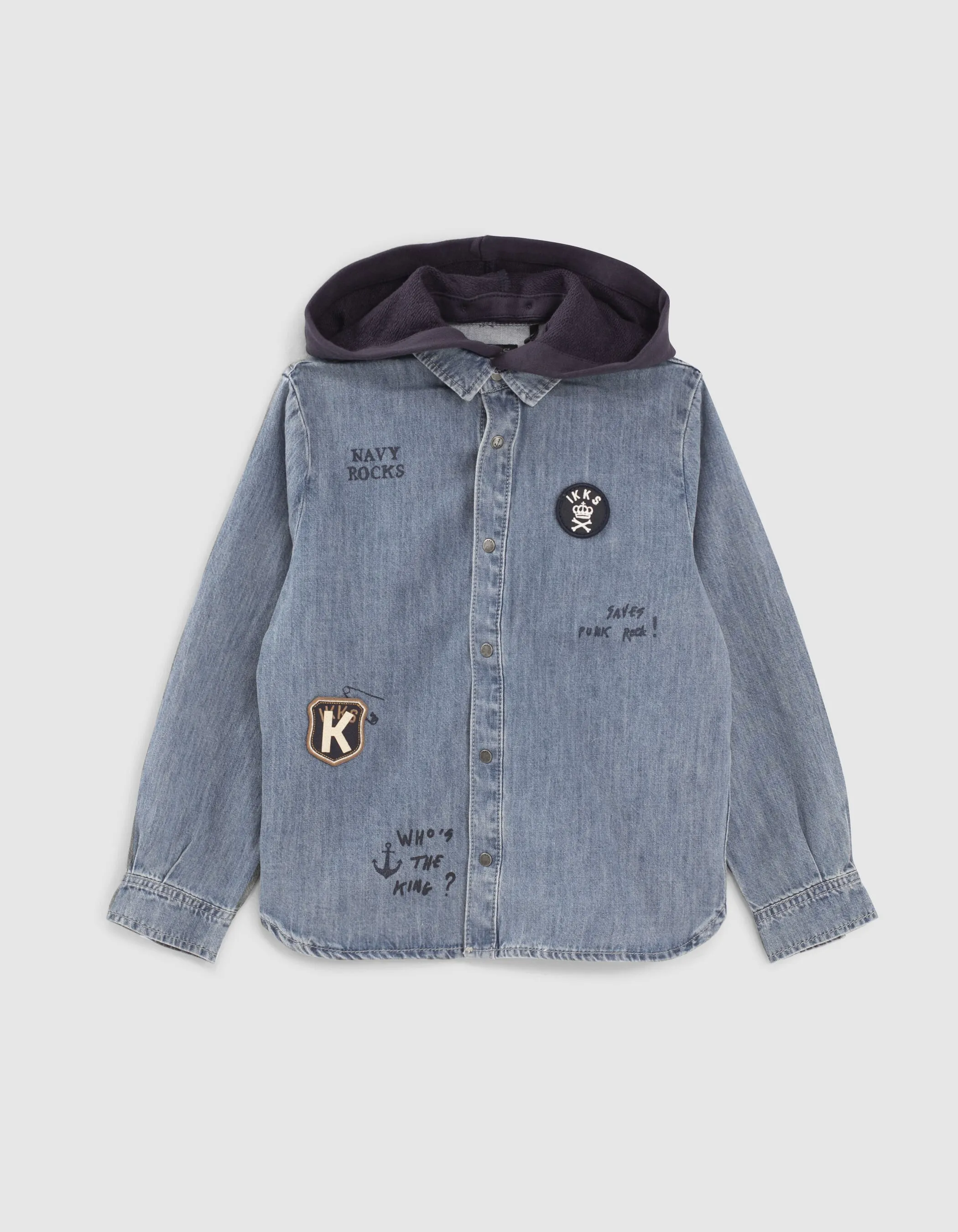 Light Blue Denim Shirt with Patches and Hood for Boys