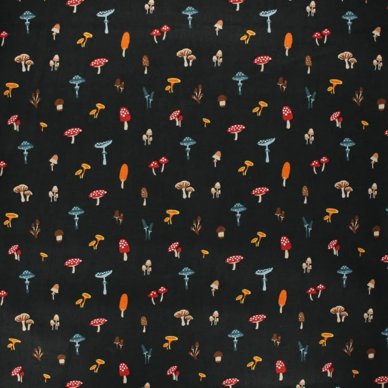 Cotton fabric black sweater with toadstool design.
