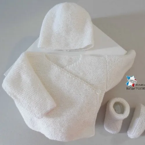 3-Month Ensemble, Cross-Top Vest, Hat, and Booties, Unisex, Milk White, Baby Knit, Made to Order