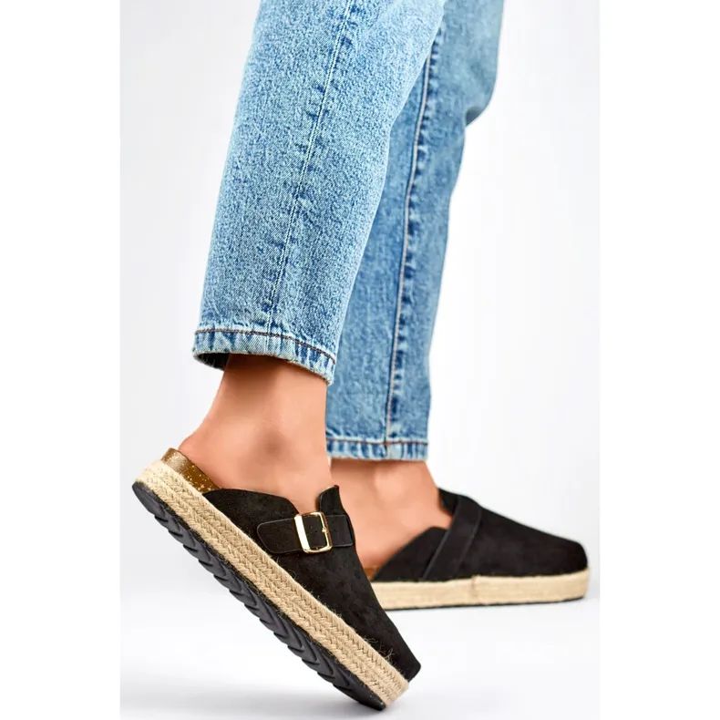 Black women's buckle-covered espadrilles, black.