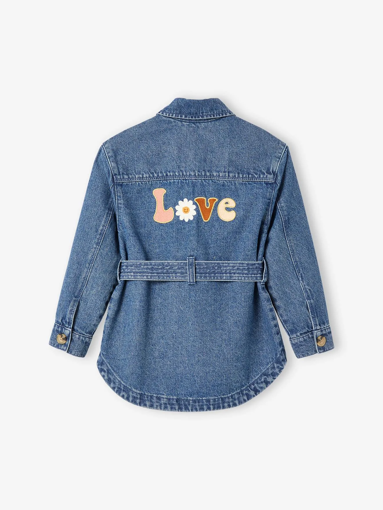 Green Vertbaudet girls' embroidered denim safari vest with love inscription on the back.