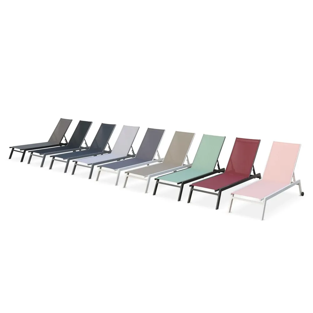 Lot de 2 bains de soleil elsa en aluminium gris et textilène gris foncé. Transats multi positions avec roulettes