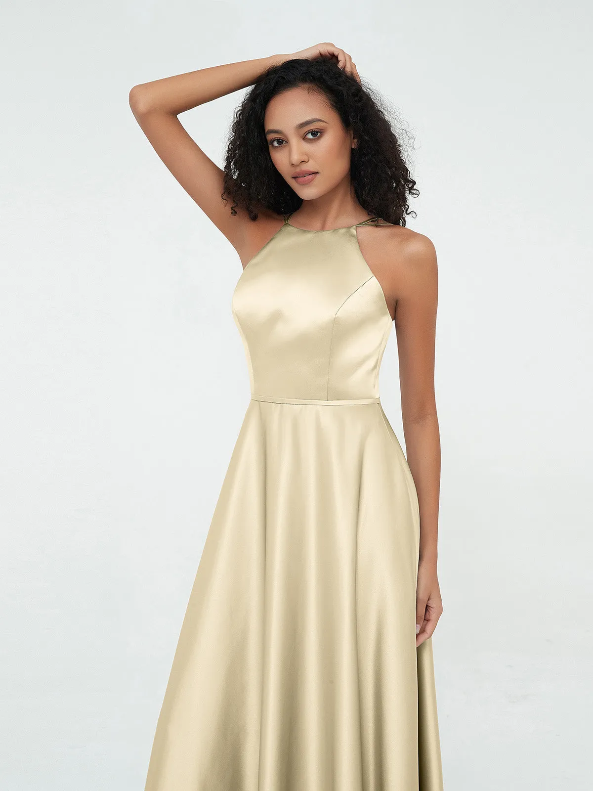 Maxi Satin Halter Champagne Plus Size A-line Dresses with Pockets