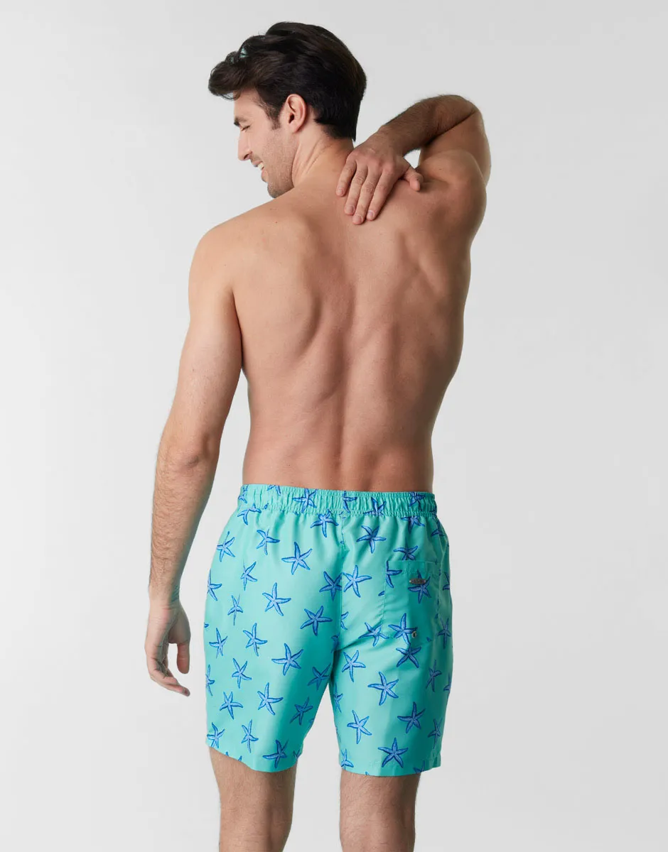 Mesh fishing net swim trunks, water green print