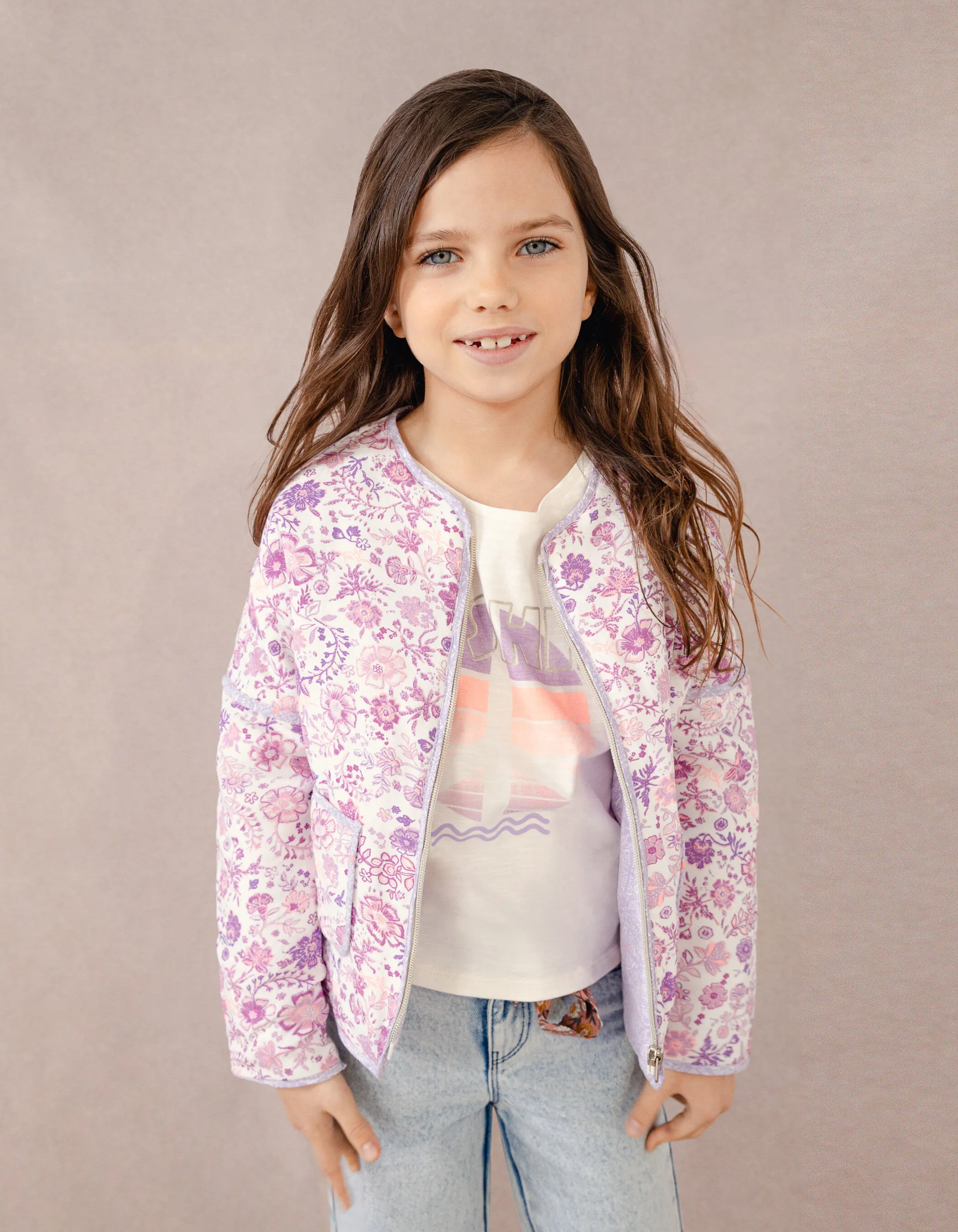 Off-White Jacket with Lilac Floral Print for Girls