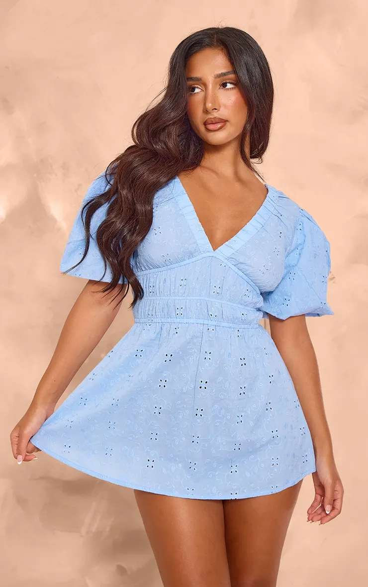 Blue Embroidered Flounce Mini Dress with Puff Sleeves and Back Lacing