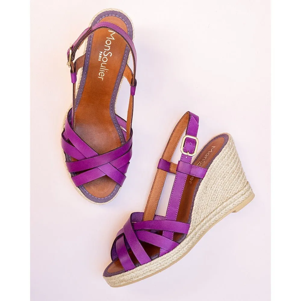 purple leather wedge espadrilles made in France