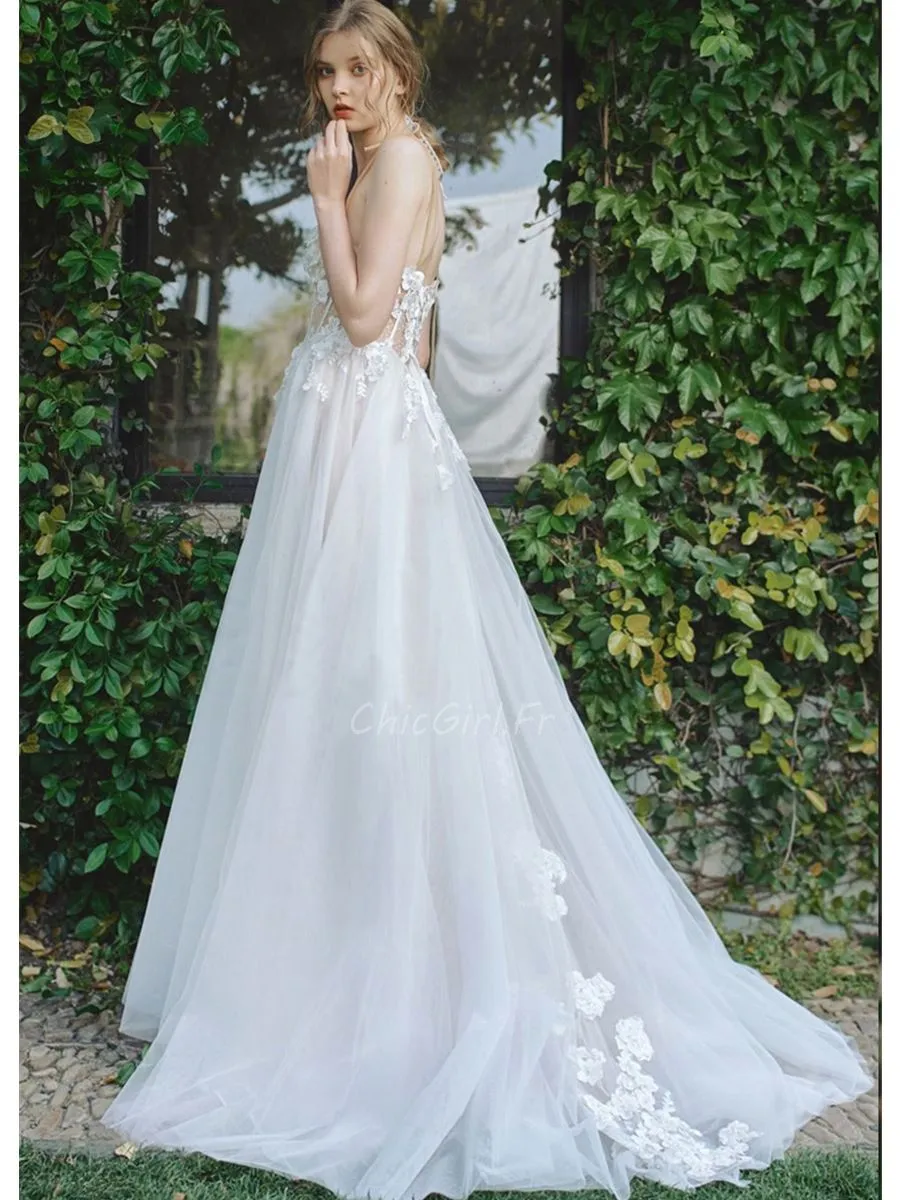 Chic Glamour Bridal Dress with Transparent Bustier and Fine Floral Straps