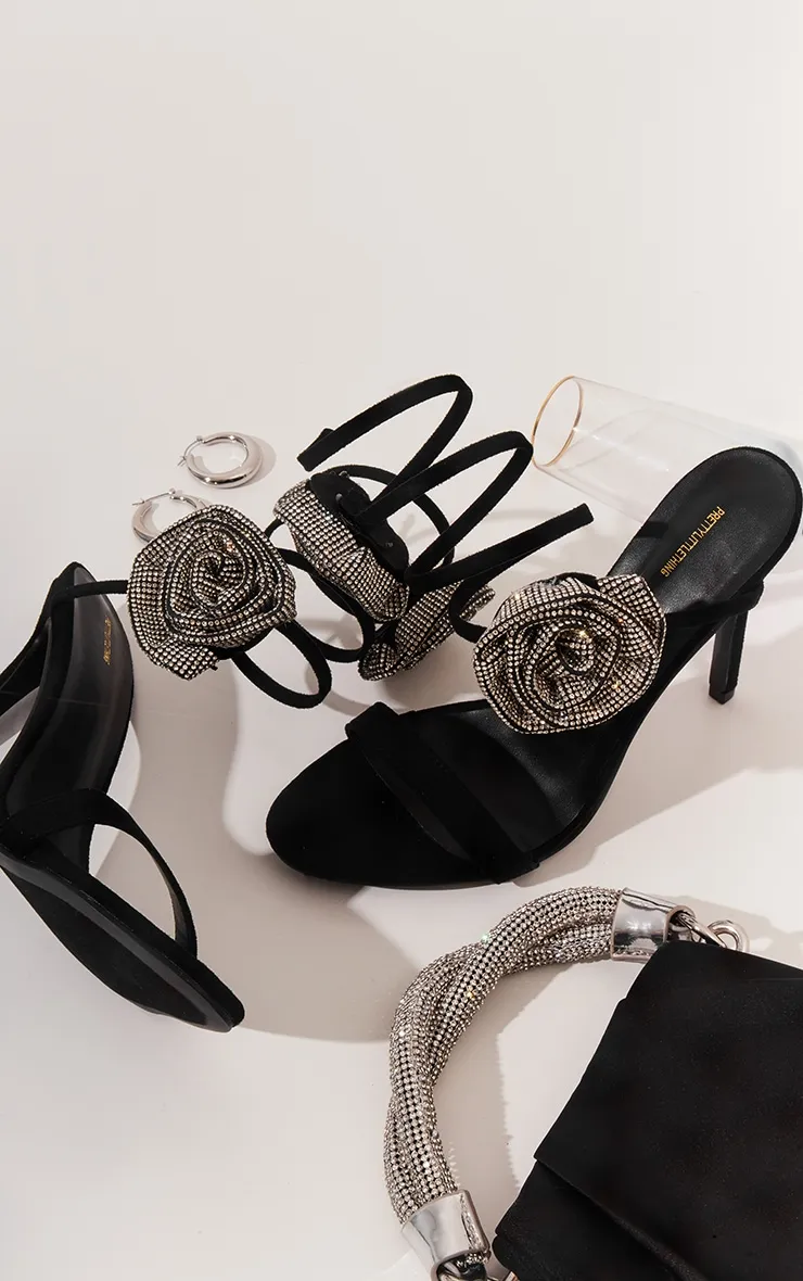 Black Suede Round Sandals with Spiral Straps and Flower Detail