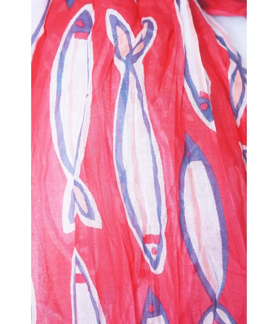 SANTAIA Pink Raspberry Cotton Scarf Summer Maritime Fish Sardines