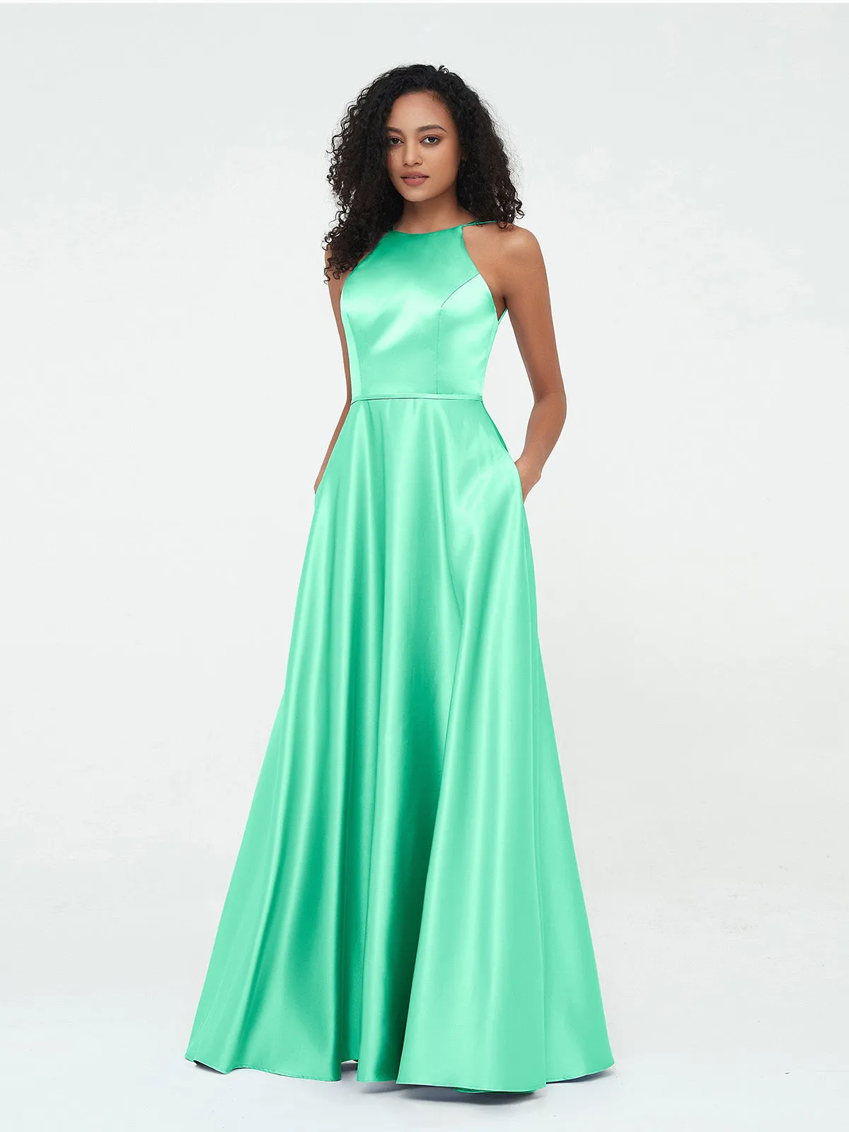 Turquoise Satin Halter Maxi Dresses with Pockets